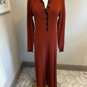 Long-Sleeve Ribbed Midi Dress in Rust with Black Trim